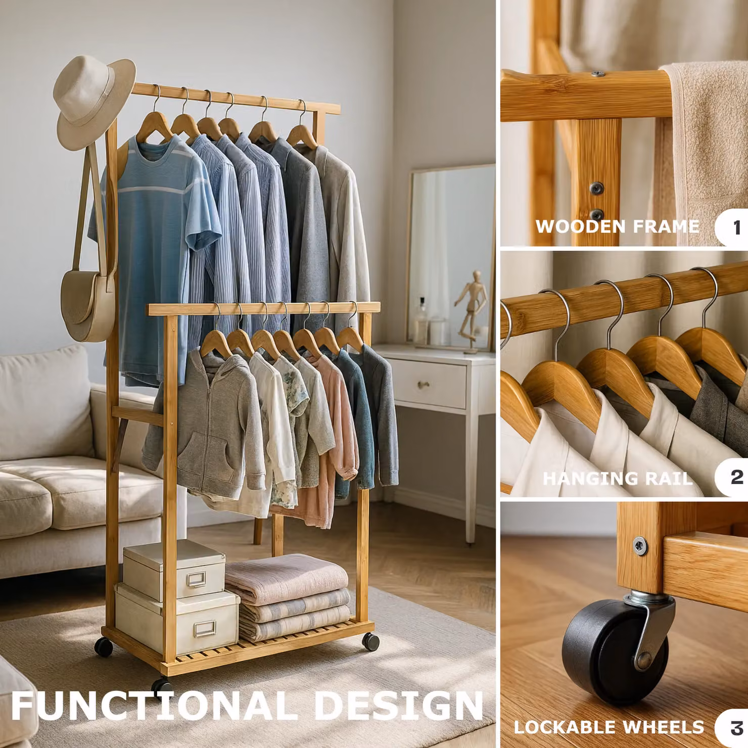Rafaelo Mobilia Portable Wooden Clothes Rack and Open Wardrobe with Shoe Storage in Brown, H 154.5 x W 105.0 x D 80.0 cm – 3