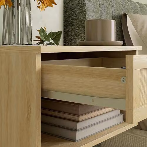 HOMCOM Set of 2 Floating Bedside Tables with Rattan Drawer and Open Shelf in Yellow and Brown – 6