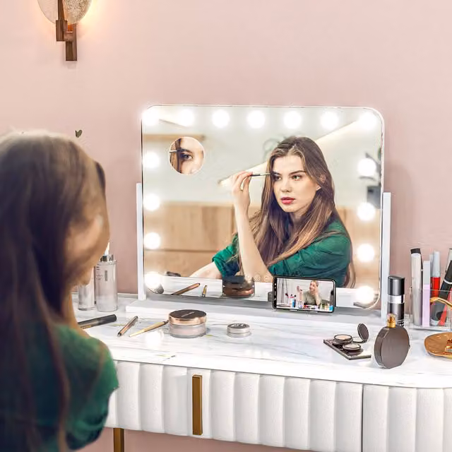 HOMCOM Hollywood LED Vanity Mirror with Magnifier and Dimmable Lighting, White