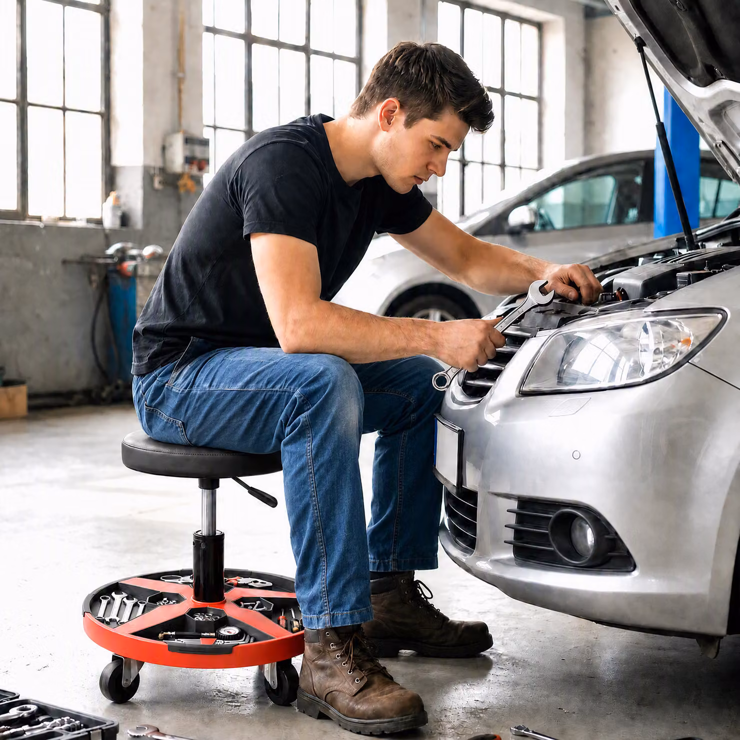 HOMCOM Rolling Mechanic Stool, Black, Height Adjustable 40-52 cm, 360 Degree Swivel Roller Padded Creeper Seat – 8