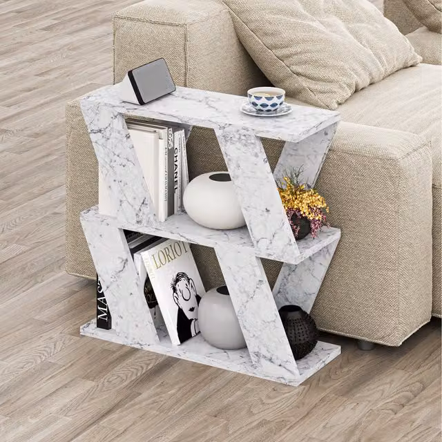 Decortie Modern 3-Tier Zigzag Side Table in White Marble Effect