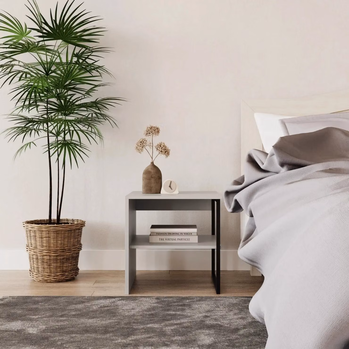 EONLION Set of 2 Grey Modern Bedside Tables with Wood and Metal Open Shelves – 3
