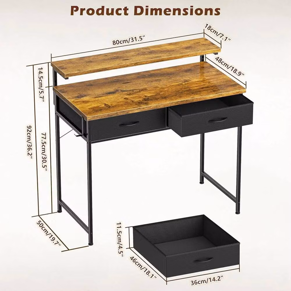 FORGEVIO Brown Computer Desk with 2 Storage Drawers and Adjustable Monitor Stand – 2