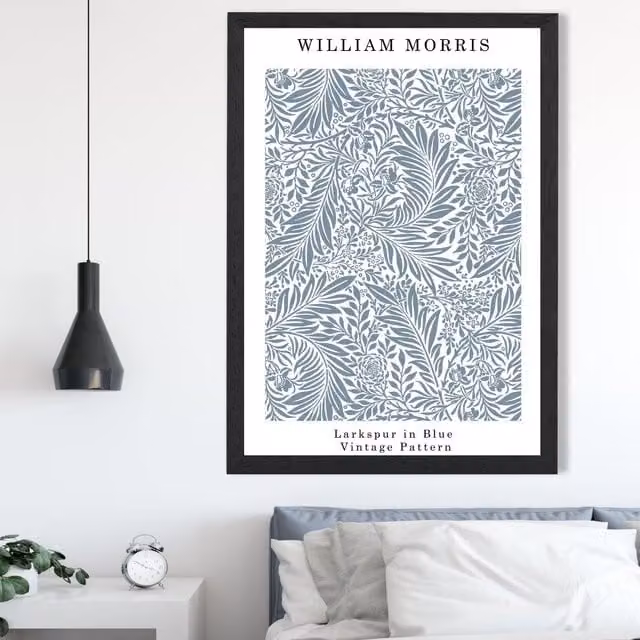 ARTZE William Morris Larkspur Floral Art Print in Mid Blue with Black Frame, A4 – 1