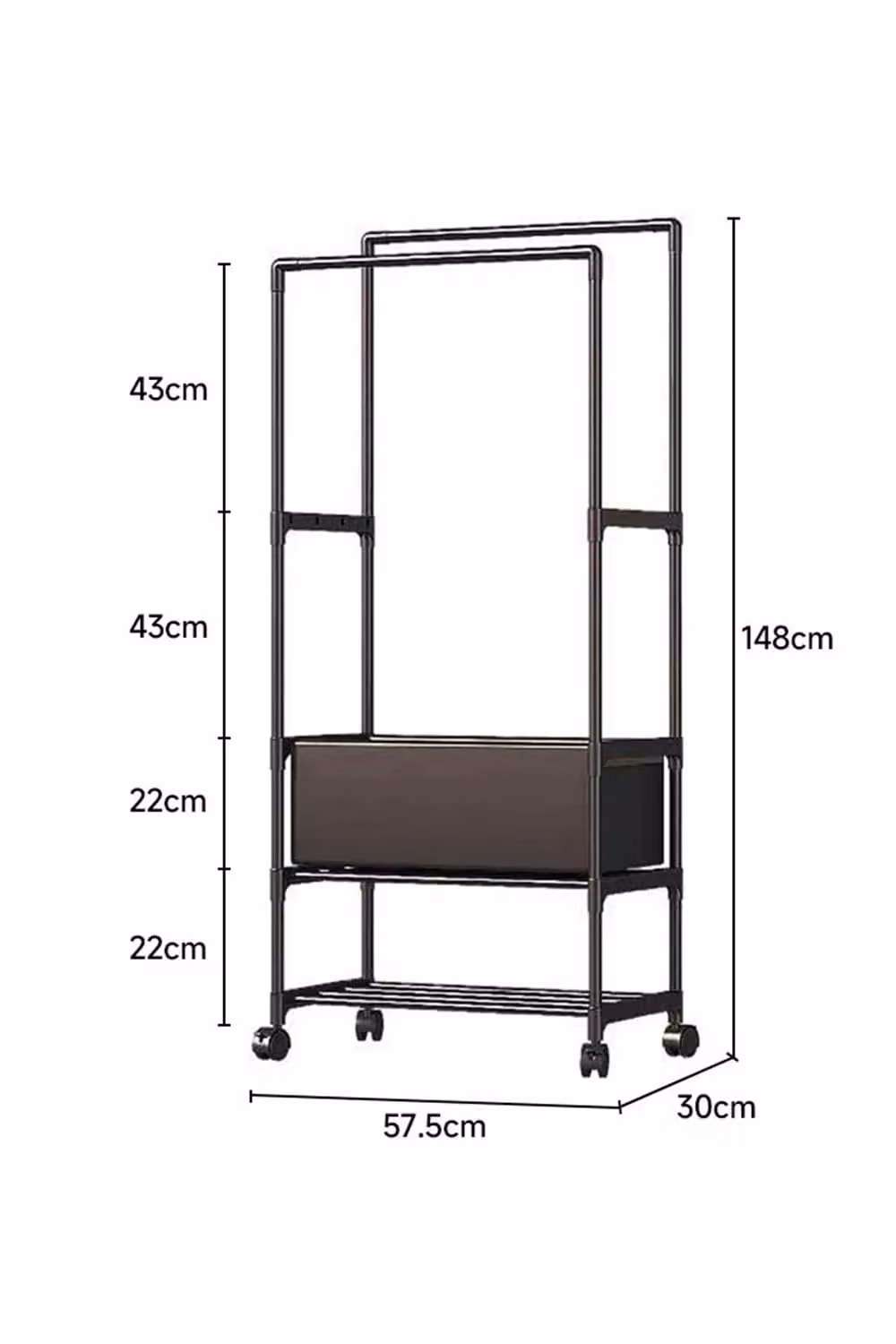 Living and Home Multi-Functional 2 Rod Clothes Rack and Garment Rack with Laundry Basket in Black – 2