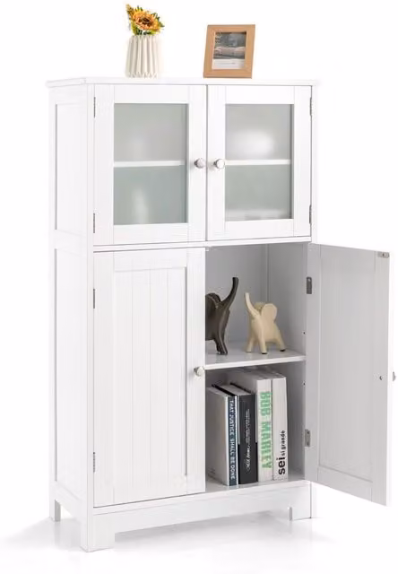 Costway White Freestanding Bathroom Floor Cabinet with 2 Tempered Glass Doors and Internal Shelves