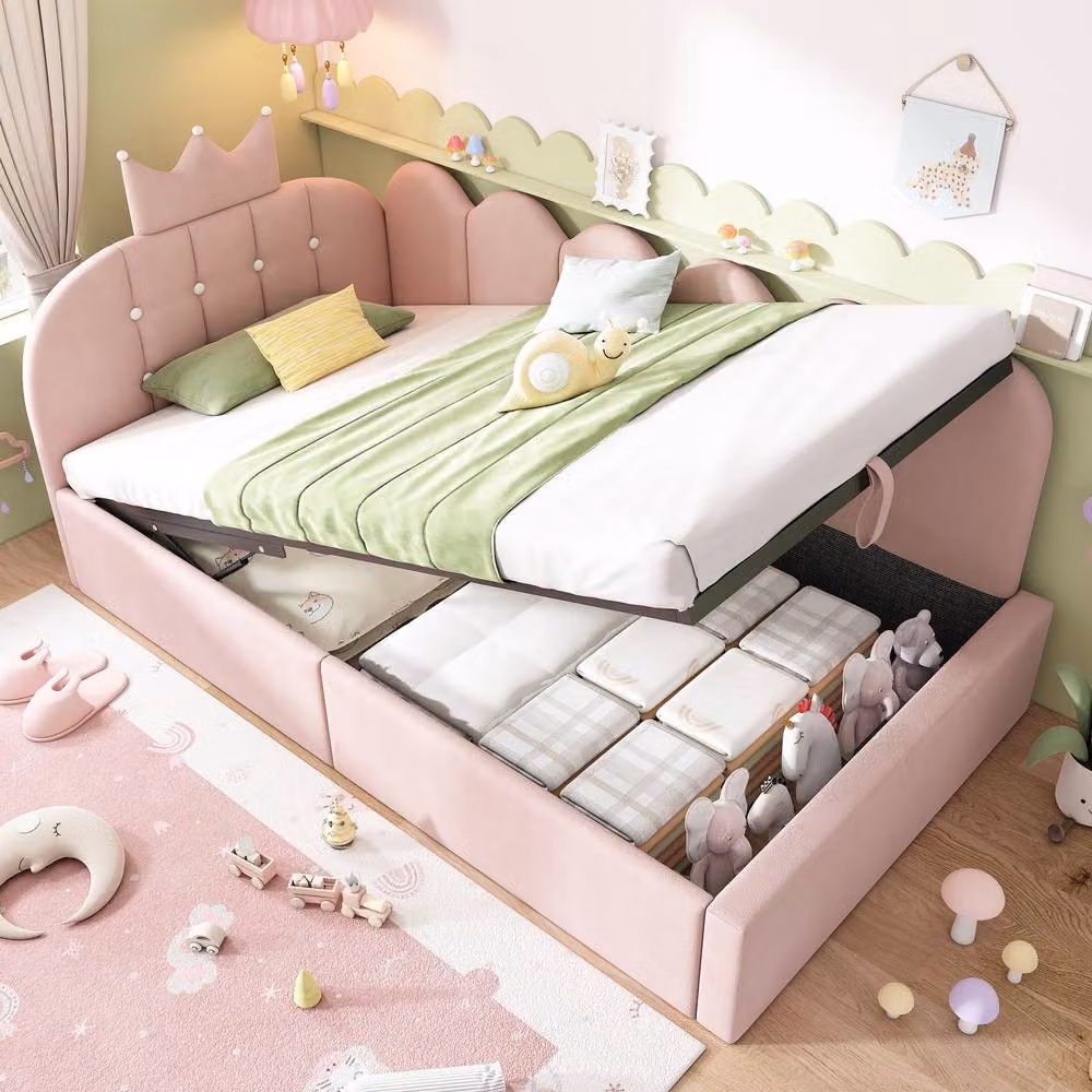 Rolipo Pink Velvet Crown Daybed with Hydraulic Storage W/D/H: 190 x 90 x 96 cm – 6