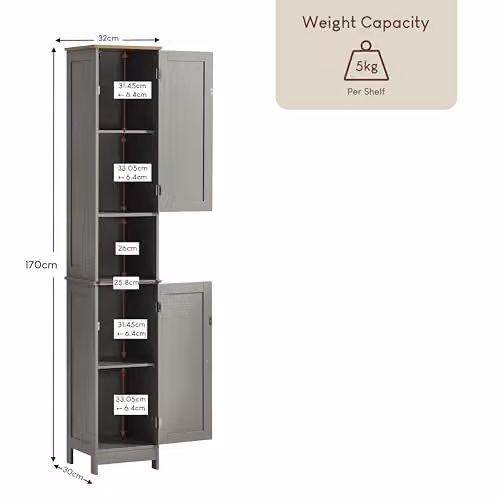 Bath Vida Priano Grey Modern Freestanding Bathroom Tallboy Storage Cabinet with 2 Hinged Doors and Internal Shelves, H 170 x W 32 x D 30 cm – 2