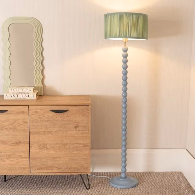 ValueLights Bobbins Powder Blue Floor Lamp with Green Ruched Pleated Drum Shade and LED Bulb, H 145 cm x W 25 cm x D 25 cm – 1