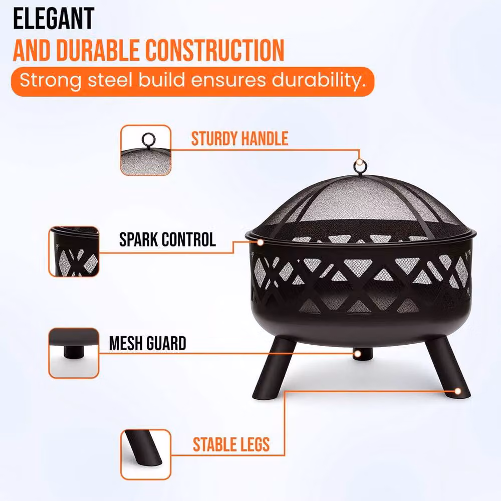 Kelvenix Portable Charcoal Fire Pit BBQ with Mesh Lid and Stainless Steel Fire Bowl, Black, Diameter: 60 cm – 3