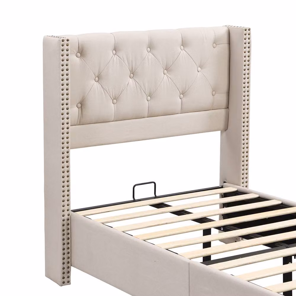 BTM Upholstered Velvet Single Bed with Headboard in Beige, W/D/H: 90 x 190 cm – 3