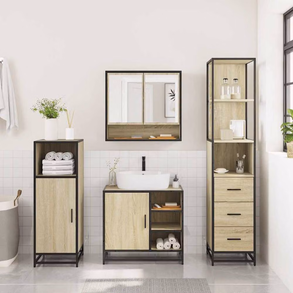 Berkfield Home 3 Piece Industrial Bathroom Furniture Set in Sonoma Oak and Brown – 3