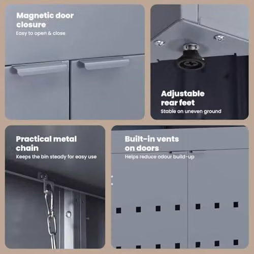 vidaXL Wheelie Bin Storage for 3 Bins, Grey Steel, W: 204 cm, D: 77.5 cm, H: 121.5 cm – 4