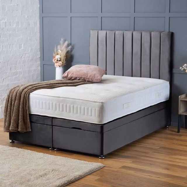 BSSPOKE Aria King Size Ottoman Divan Bed with Panel Headboard and Mattress in Grey Plush Velvet, W/D/H: 180 x 200 cm