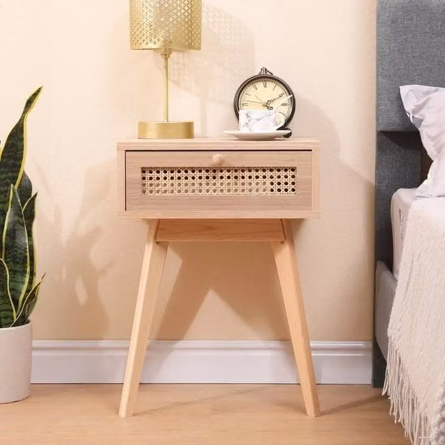 FORGEVIO Natural Wood and Rattan One Drawer Bedside Table with Sand Finish, W/D/H: 40 x 30 x 54.5 cm