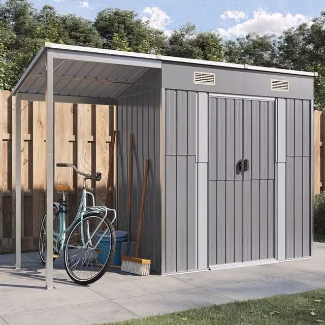 Berkfield Home Pent Garden Shed in Light Grey Steel with Window, W/D/H: 277 x 110.5 x 181 cm