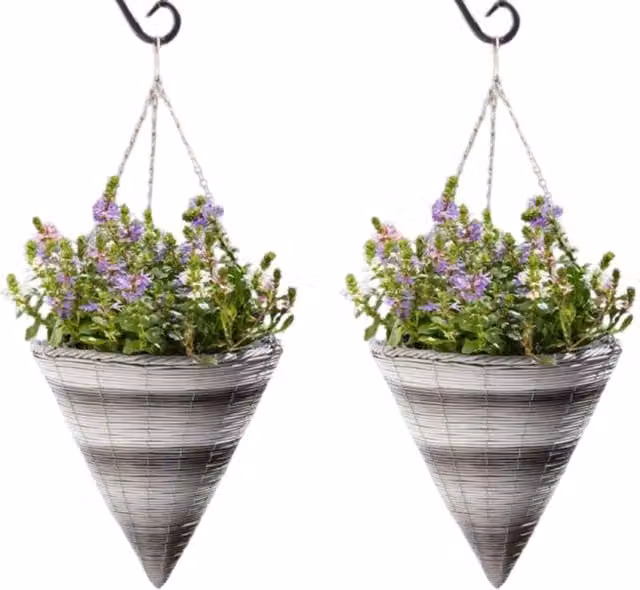 Marco Paul Grey Rattan Effect Hanging Flower Basket Planter, Diameter: 35.56 cm