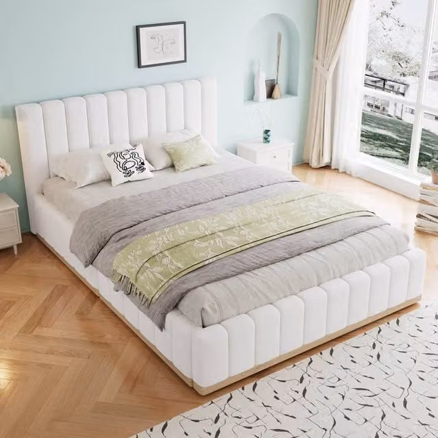 Merax White PU Leather Upholstered Double Bed with Fluted Headboard and Lift Up Base, W/D/H: 140 x 200 x 145.5 cm – 1