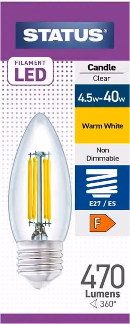 Status 4.5W Filament LED Candle Bulb, E14, Clear, Warm White, 470 Lumens