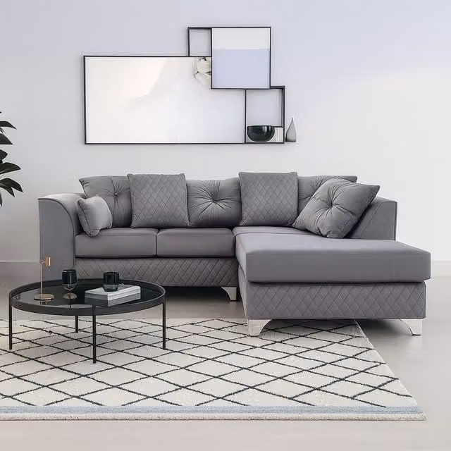 Furnishings For Less UK Victoria L-Shaped Corner Sofa, 3 to 4 Seater, Right Hand Facing, Grey Soft Plush Velvet with Scatter Back
