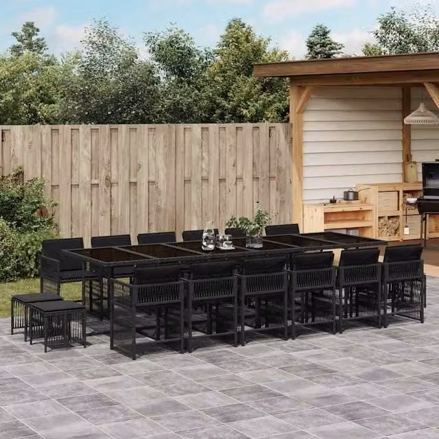 Berkfield Home 17 Piece Black Poly Rattan Garden Dining Set with Cushions – 1