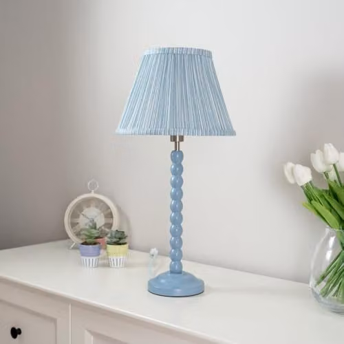 ValueLights Powder Blue Bobbin Stem Table Lamp with Blue Pleated Fabric Shade and LED Bulb – 2