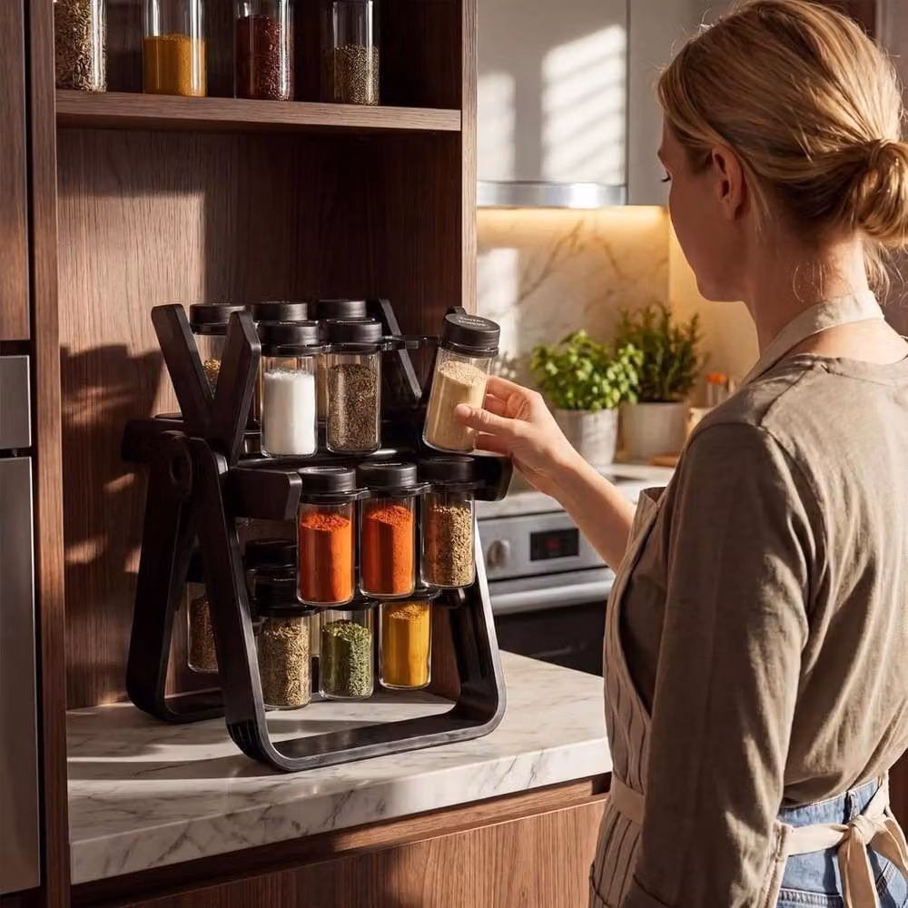 Pawnora Rotating Spice Rack with 18 Black Glass Jars – 5