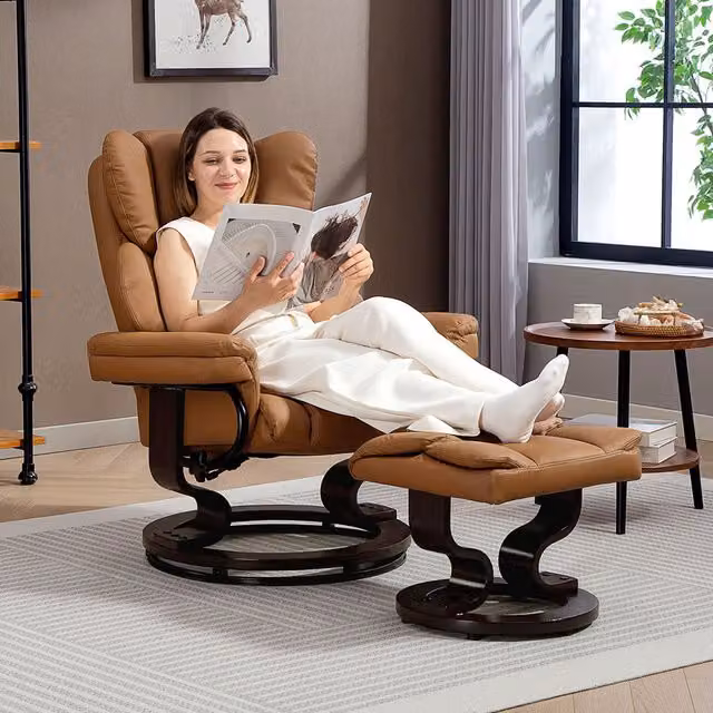HOMCOM Modern Recliner Ottoman with Wood Base, Brown