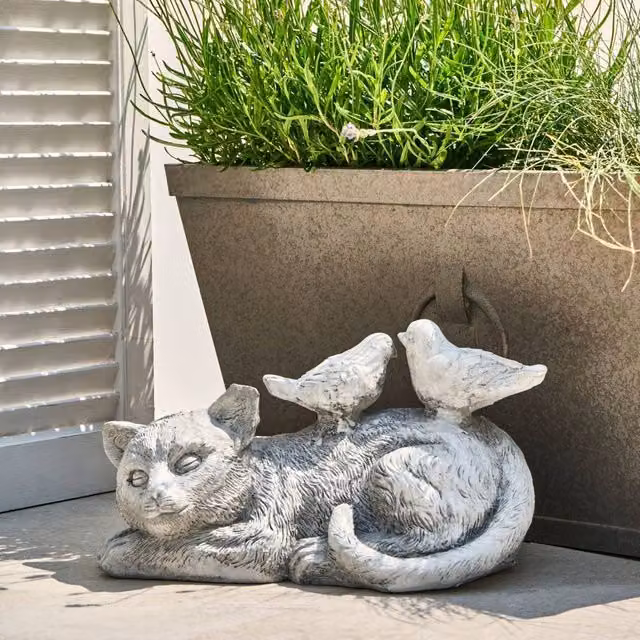 Wyld and Coco Grey Cat and Bird Figurine, Height: 22 cm