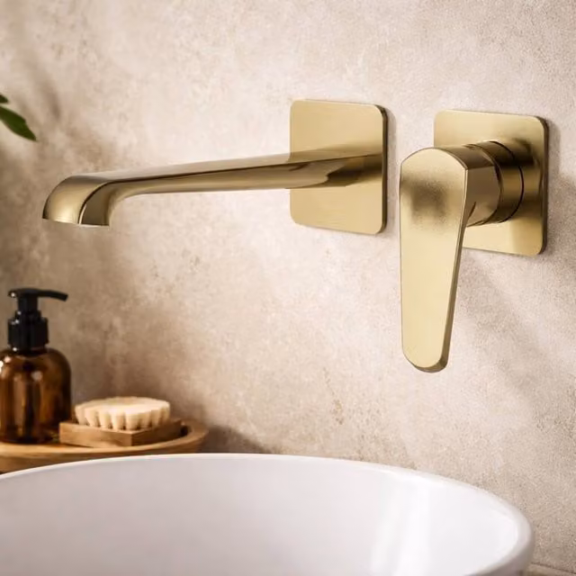Bathroom Kingdom Montana Wall Mounted Basin Filler Tap in Brushed Brass Gold