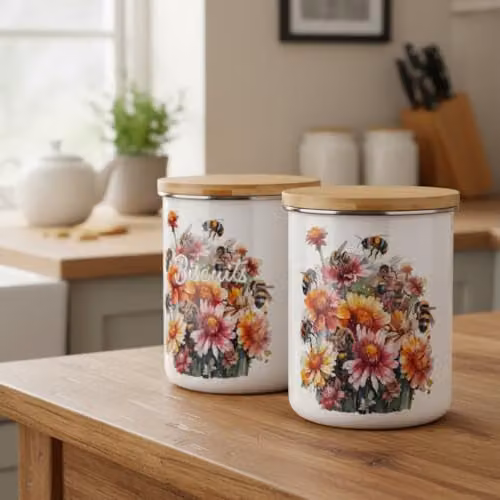 Purely Home Floral Enamel Biscuit Storage Canister with Bamboo Lid, Multicolour, 2.7 l – 2