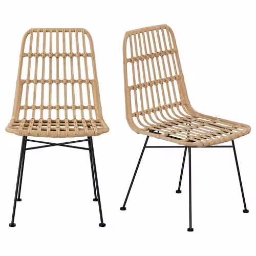 VonHaus Richmond Set of 2 Rattan Effect Dining Chairs with Black Metal Legs in Brown, Beige and Black – 1
