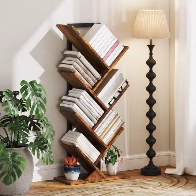 HOMCOM 5-Tier Brown Tree Bookshelf with Ladder Design and Media Compartments