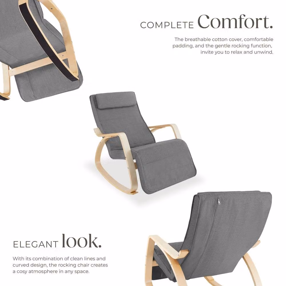 tectake Onda Rocking Chair in Light Grey with Armrests and Birch Wood Frame – 3