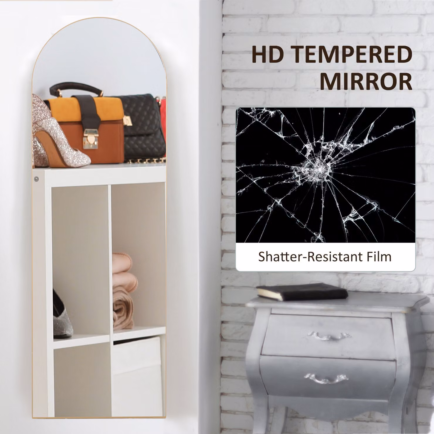 HOMCOM Gold Tone Arched Full Length Wall Mirror, H 150 x W 50 x D 1 cm – 3