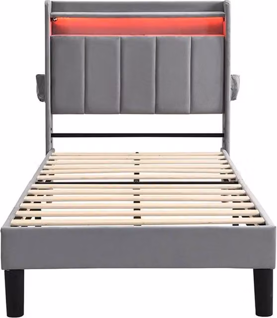 PAWNORA Single Bed Frame with LED Storage Headboard in Grey, W/D/H: 90 x 200 cm