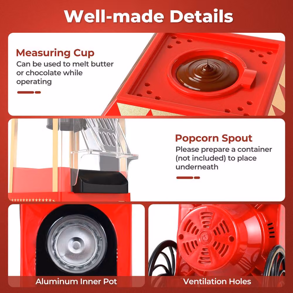 Costway 1200W Hot Air Popcorn Maker Cart with 12 Cups, Red – 3