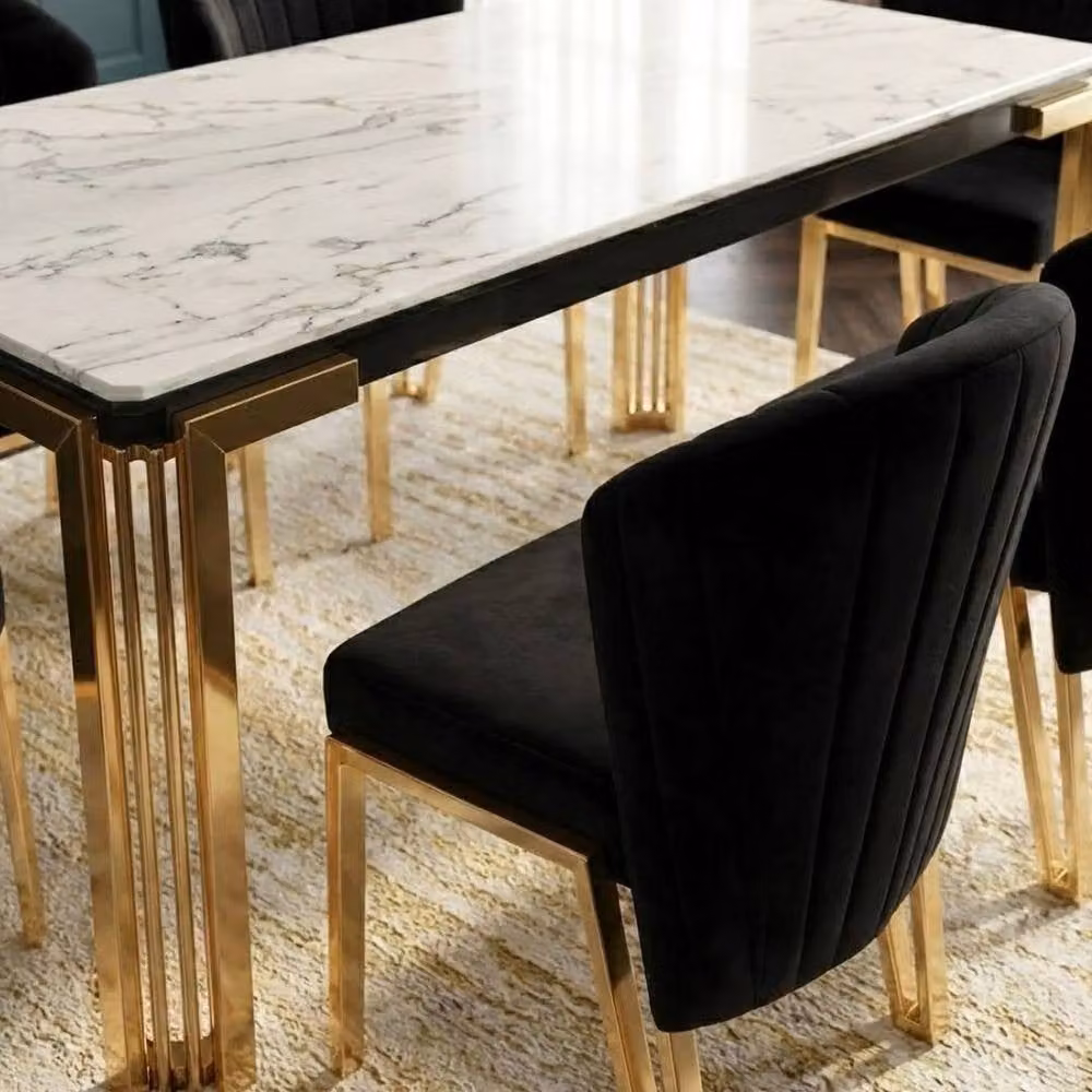 HOME LUXE INTERIOR Sorrento 180cm White Marble and Gold Dining Table with 6 Fabio Black Chairs – 5