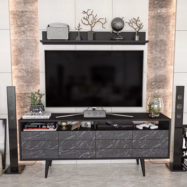 Decorotika Ola Modern TV Unit in Black and Black Marble Effect Wood