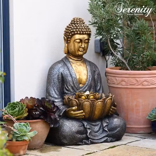 Serenity Water Features Gold Effect Sitting Buddha Water Feature with LED Illumination, Height: 87 cm – 2