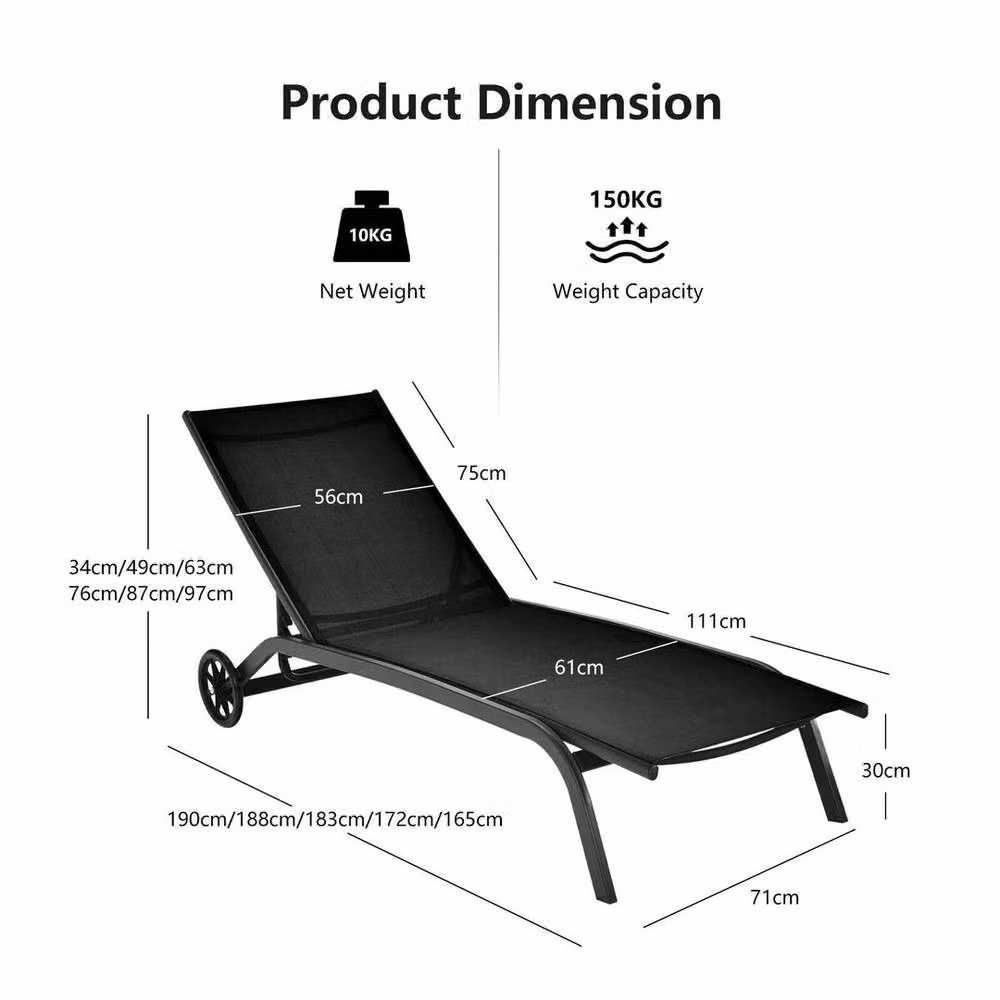 Kelvenix Garden Sun Lounger with Wheels and 6 Adjustable Positions in Black – 2