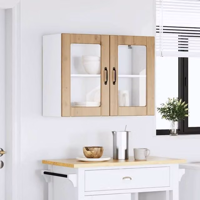 Berkfield Home Lucca Artisan Oak Kitchen Wall Cabinet with Glass Doors in Brown, W: 60 cm, H: 80 cm, D: 31 cm
