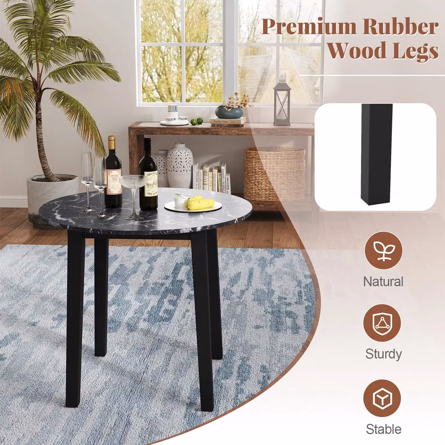 Costway Round Black Dining Table with Rubberwood Legs – 8