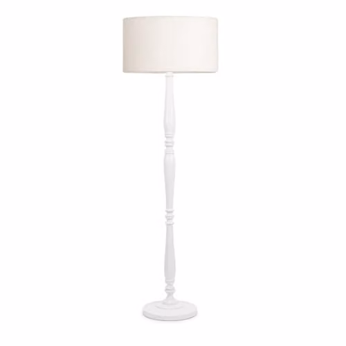 ValueLights Victoria White Wood Candlestick Floor Lamp with Beige Fabric Drum Shade, H 142 cm x W 45 cm x D 45 cm