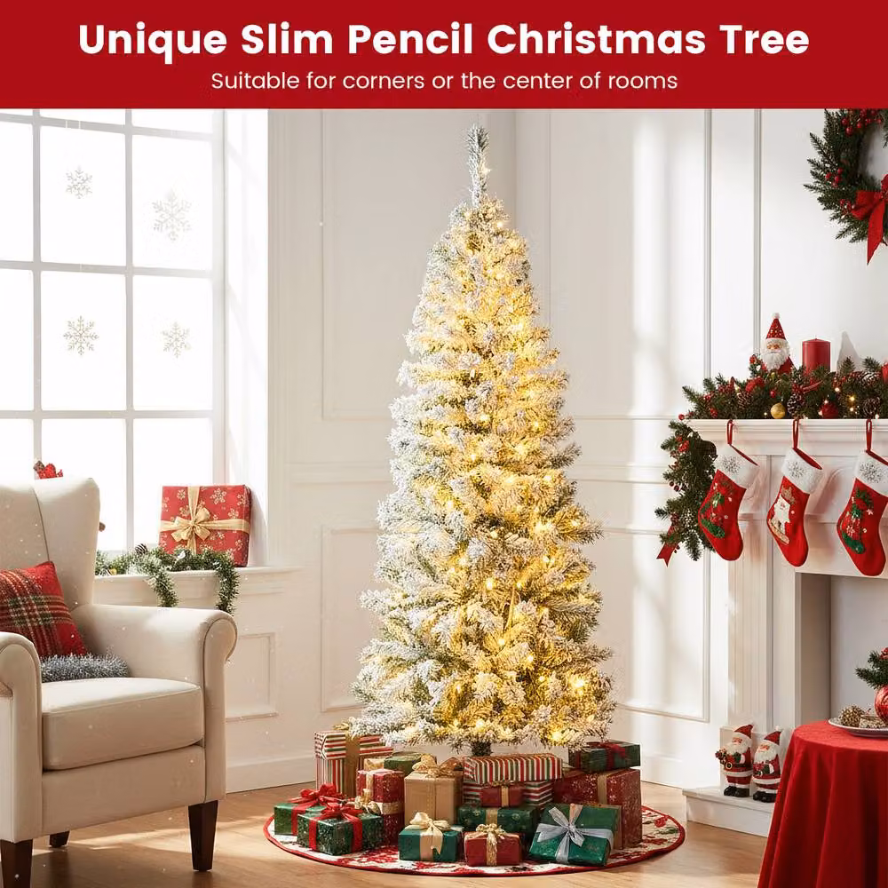 Gymax 150 cm Pre-Lit Slim Pencil Christmas Tree in Green with Thick Snow-flocking – 2