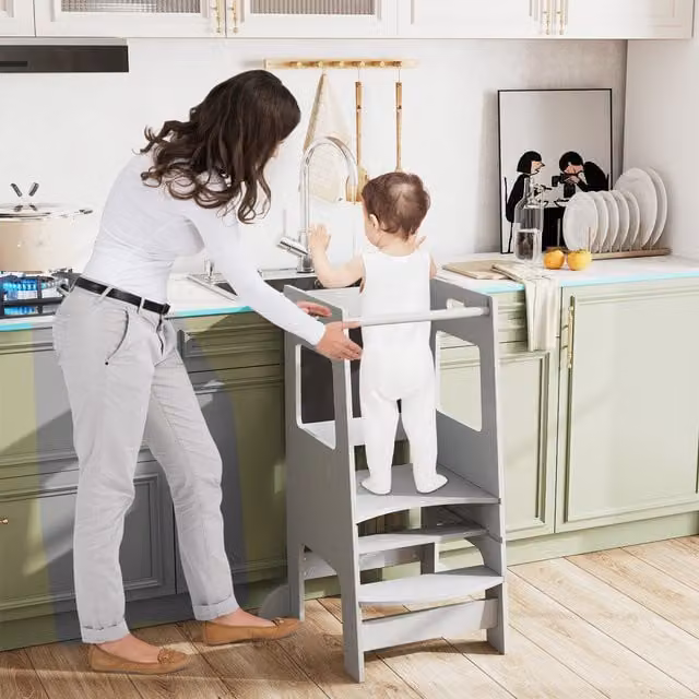 COSTWAY 2-in-1 Toddler Kids Kitchen Step Stool in Grey