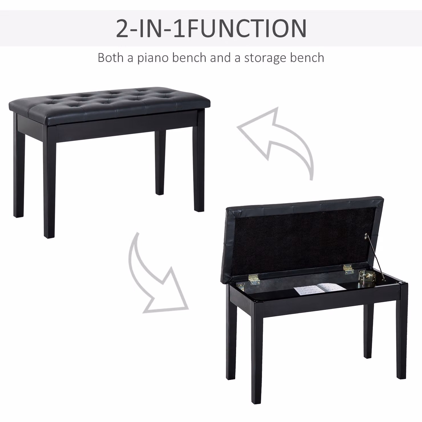 HOMCOM Elegant PU Leather Piano Bench with Storage, Black, W: 76 cm, D: 36 cm, H: 50 cm – 4