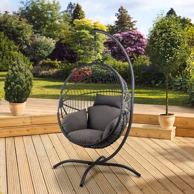 Set of 2 Pagoda Grey Hanging Egg Chairs with Metal Stand and Rattan Design