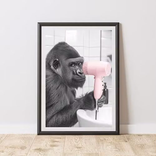 60 Second Makeover Funny Gorilla and Hairdryer Paper Poster, Black and White, H 29.7 cm x W 21.0 cm