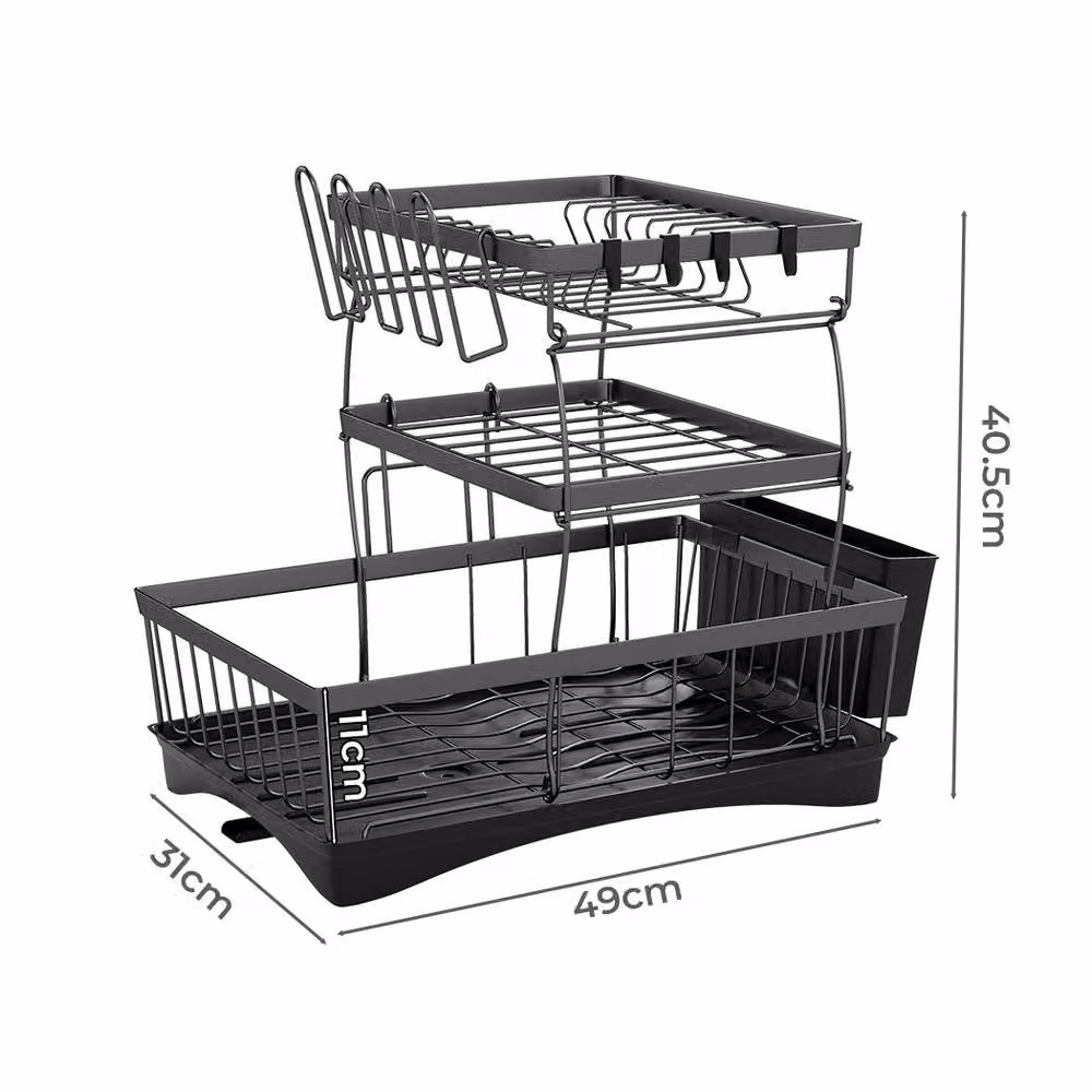 Toque 3 Tier Dish Drying Rack with Drip Tray and Cutlery Holder in Black – 7